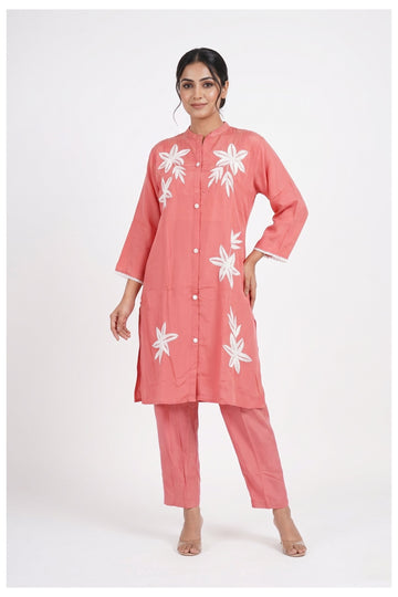 Coral Pink Floral Embroidered Kurta Pant Set
