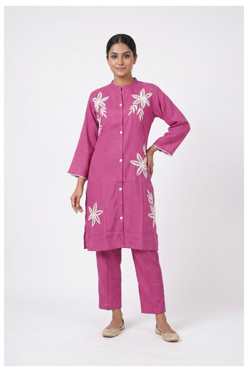 Fuchsia Pink Floral Embroidered Kurta Pant Set