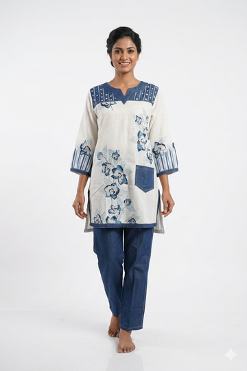Ivory & Denim Blue Floral Indo-Western Co-Ord Set