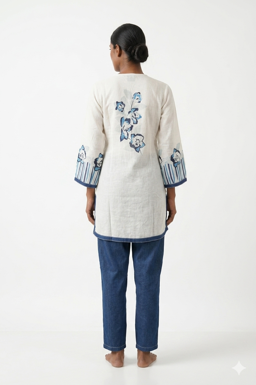 Ivory & Denim Blue Floral Indo-Western Co-Ord Set