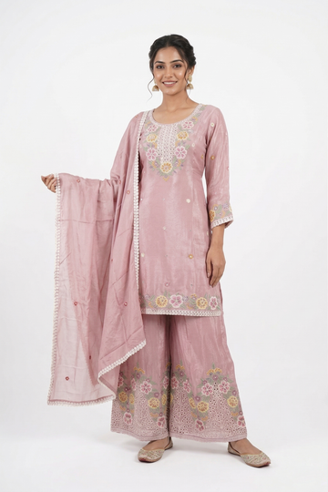 Light rose gold Floral Embroidered Kurta Palazzo Set with Dupatta