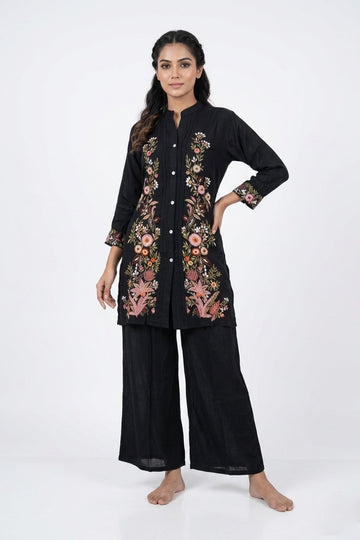 Black Floral Embroidered Indo-Western Palazzo Co-Ord Set
