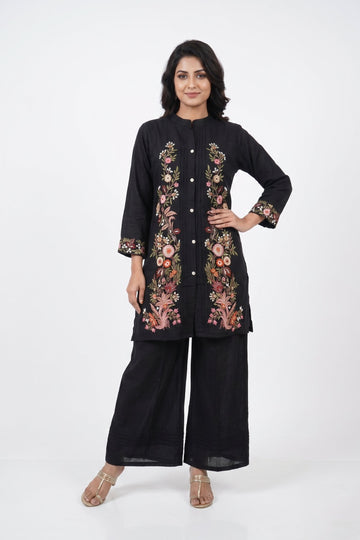 Midnight Bloom Embroidered Palazzo Co-Ord Set