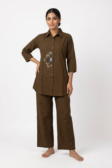 Coffee Brown Embroidered Shirt Style Indo-Western Co-Ord Set