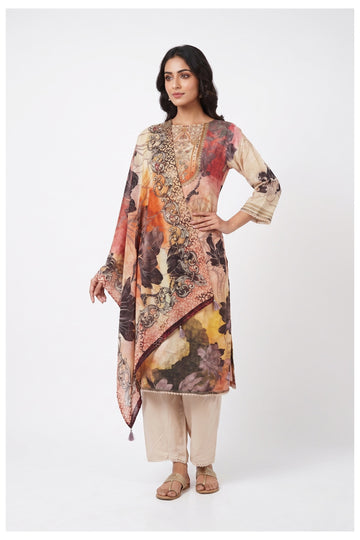 Beige Multicolor Floral Printed Kurta Pant Set With Dupatta