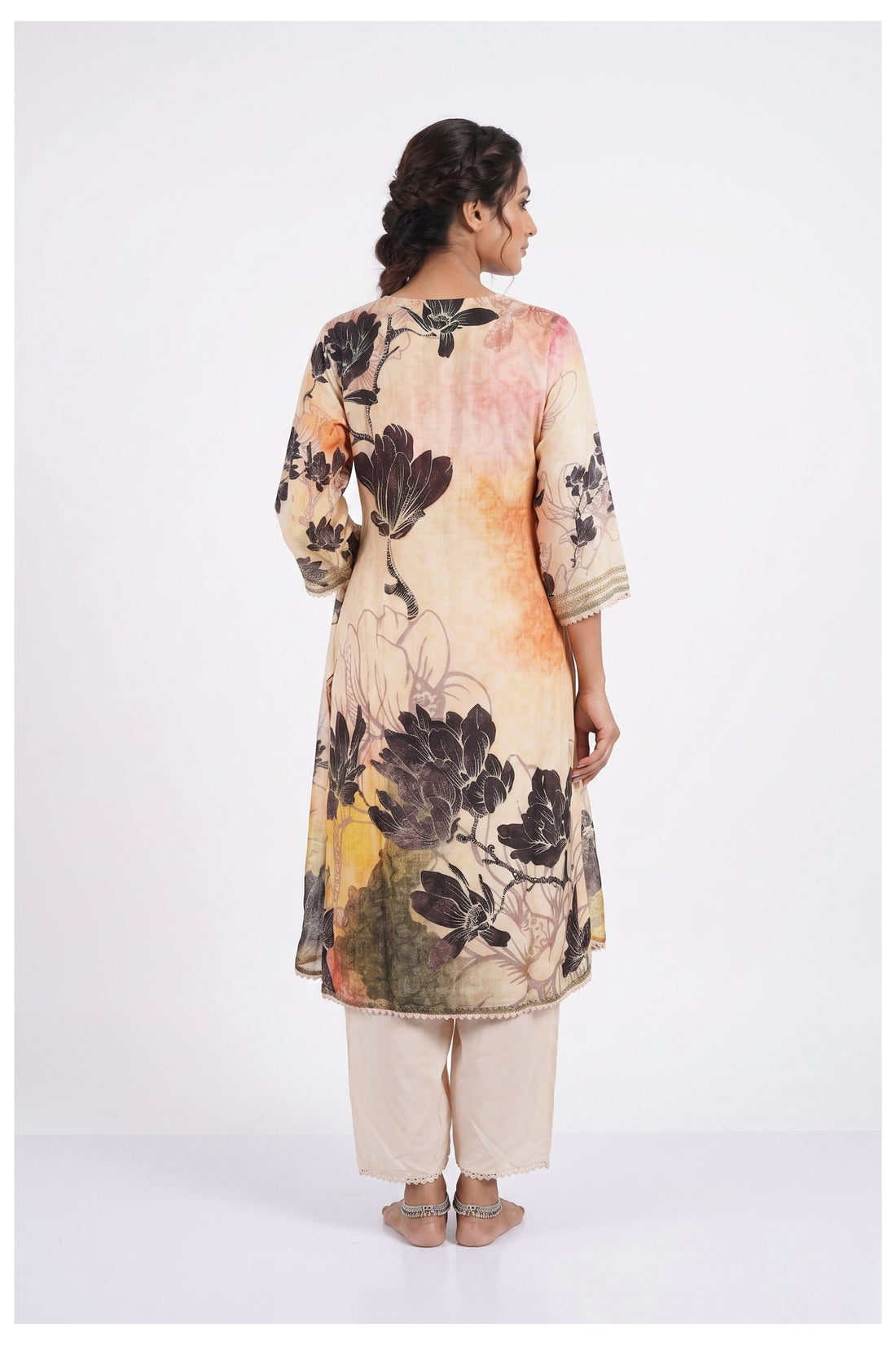 Beige Multicolor Floral Printed Kurta Pant Set With Dupatta
