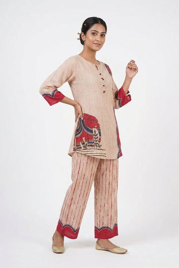 Beige Tribal Elephant Printed Co-Ord Set