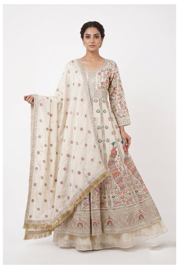 Ivory Peacock Embroidered Anarkali Gown With Designer Dupatta