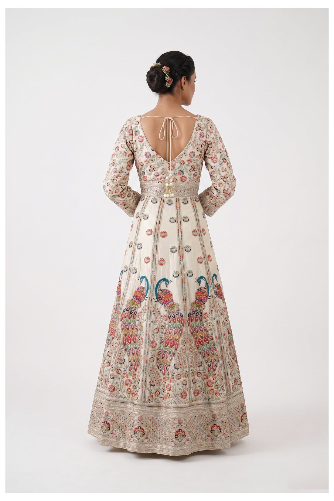 Ivory Peacock Embroidered Anarkali Gown With Designer Dupatta