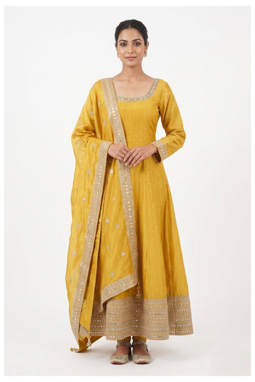Mustard Yellow Embroidered Anarkali Set With Designer Dupatta