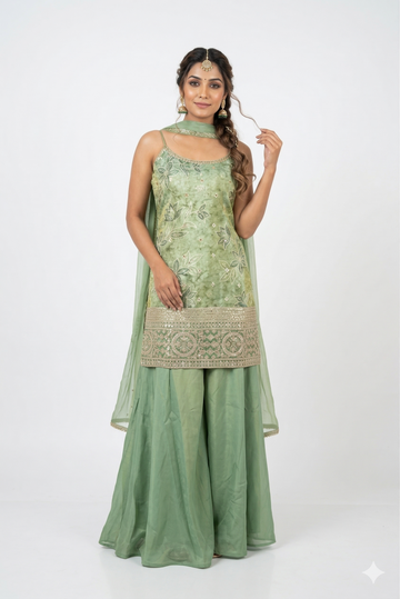 Sage Green Embroidered Sharara Suit Set With Net Dupatta