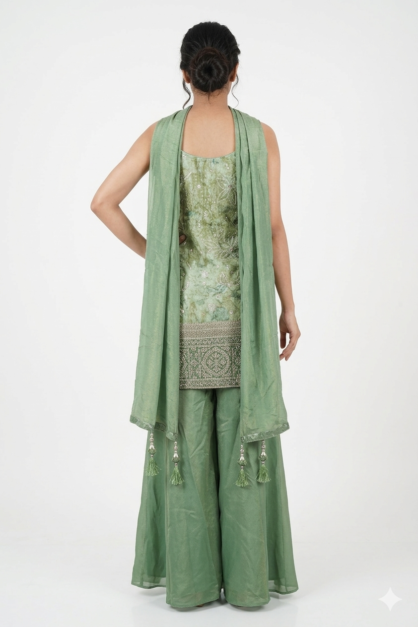 Sage Green Embroidered Sharara Suit Set With Net Dupatta