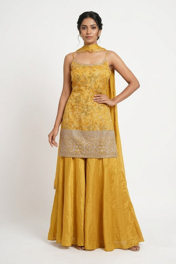 Mustard Yellow Embroidered Kurta With Flared Skirt & Dupatta Set