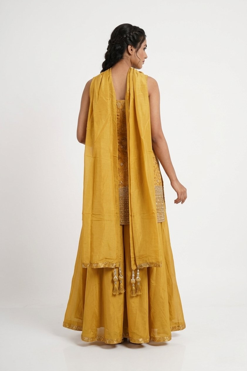 Mustard Yellow Embroidered Kurta With Flared Skirt & Dupatta Set