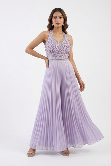Lavender Floral Embroidered Pleated Anarkali Gown