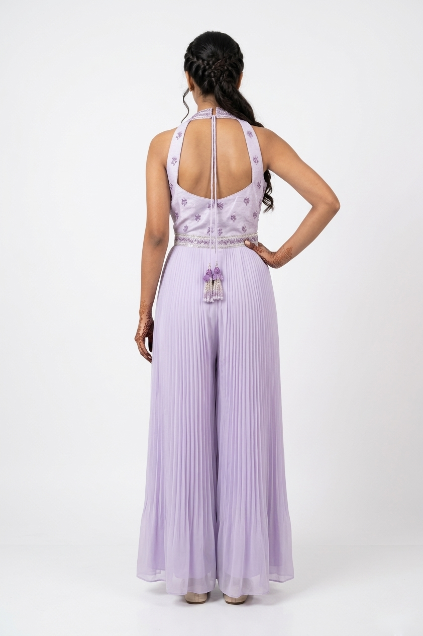 Lavender Floral Embroidered Pleated Anarkali Gown