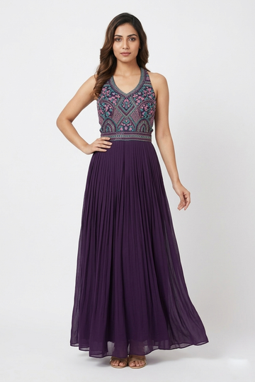 Dark Purple Embroidered Pleated Anarkali Gown