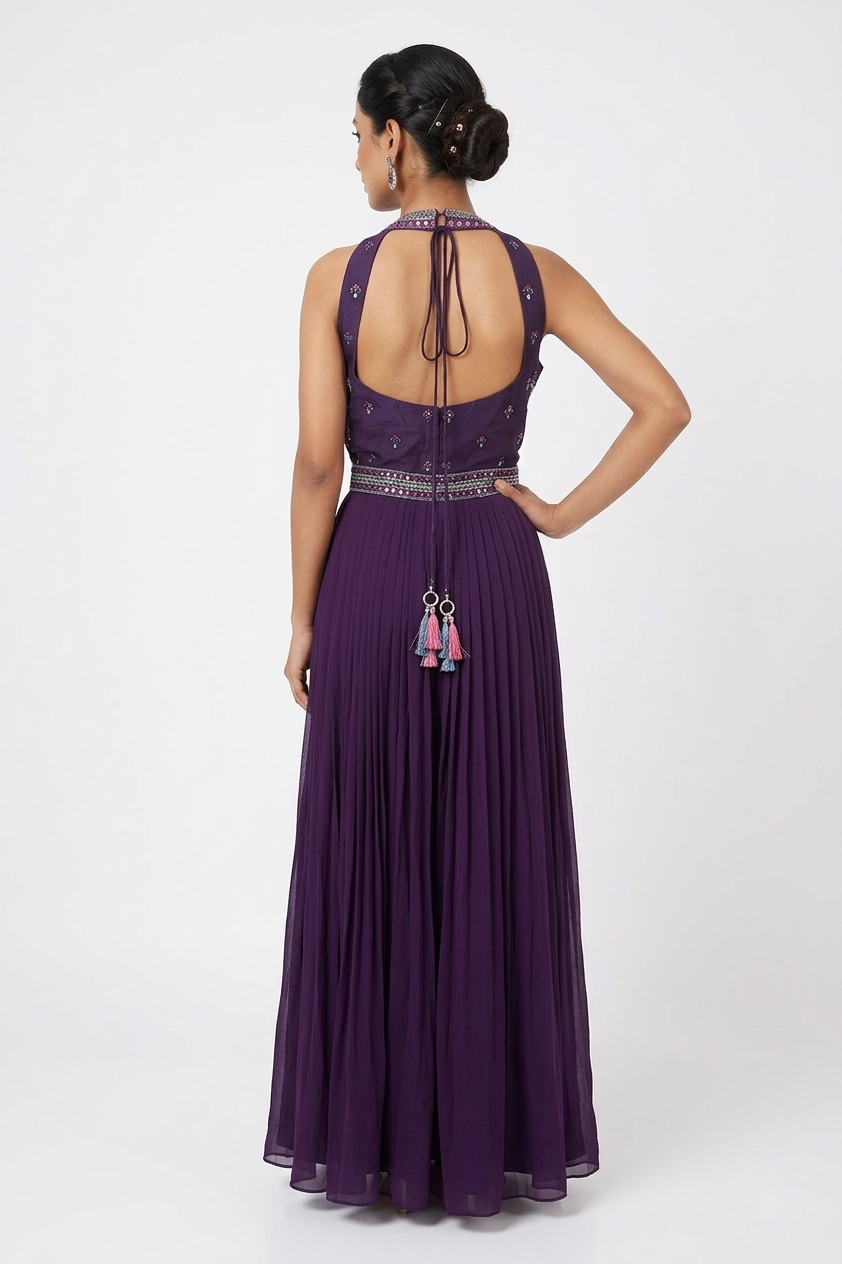 Dark Purple Embroidered Pleated Anarkali Gown
