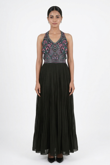 Midnight Black Floral Embroidered Pleated Gown