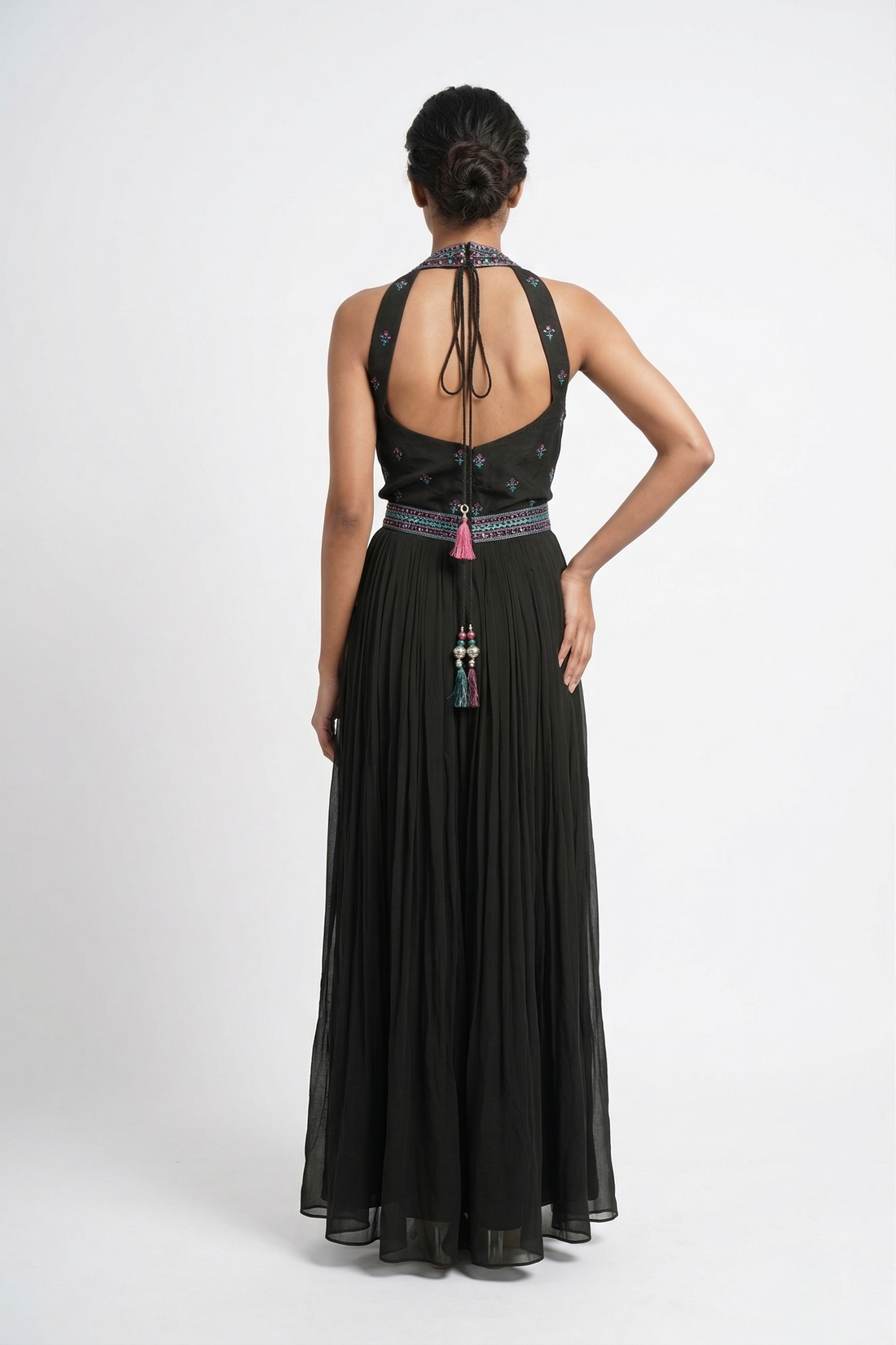 Midnight Black Floral Embroidered Pleated Gown