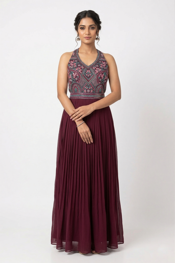 Wine Embroidered Pleated Anarkali Gown
