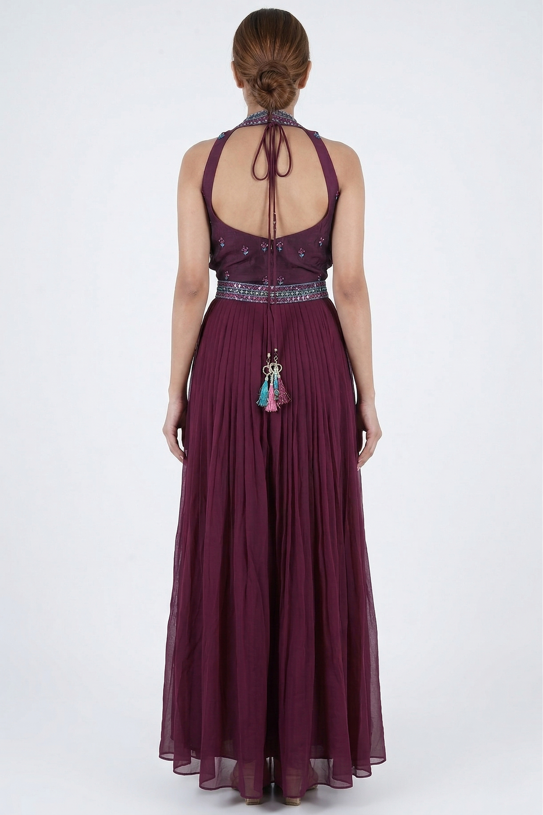 Wine Embroidered Pleated Anarkali Gown