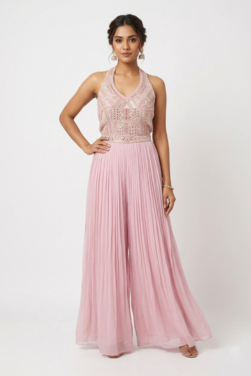 Blush Pink Embroidered Pleated Evening Gown