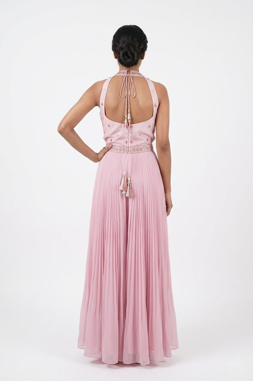 Blush Pink Embroidered Pleated Evening Gown