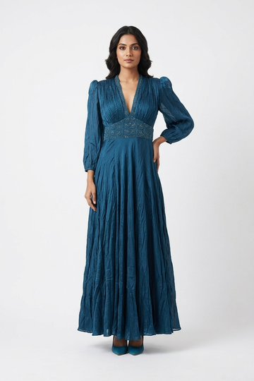 Dark Steel Blue Embroidered Flowing Gown