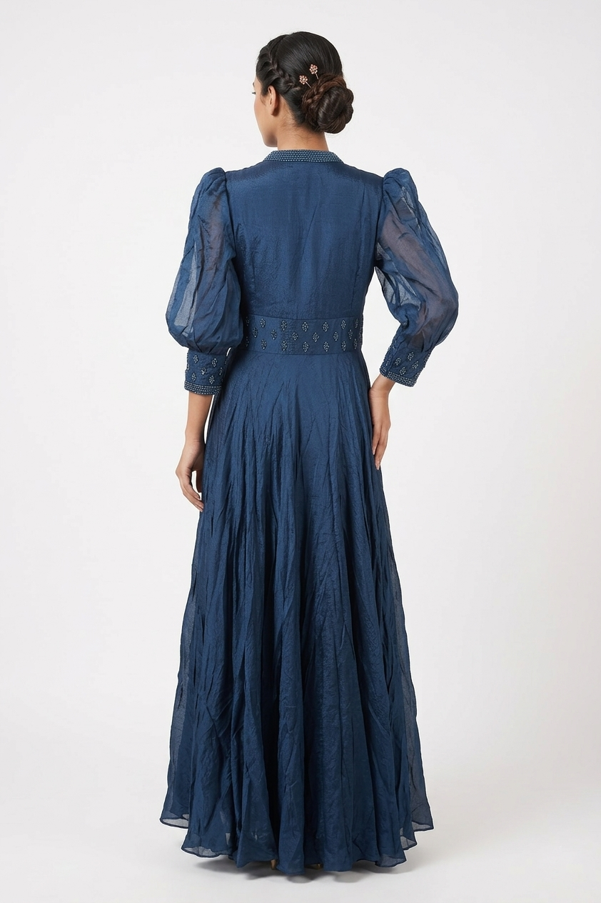Dark Steel Blue Embroidered Flowing Gown