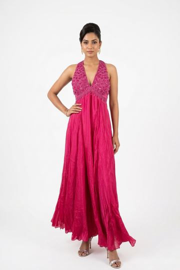 Raspberry Pink Embellished Halter Flowing Gown