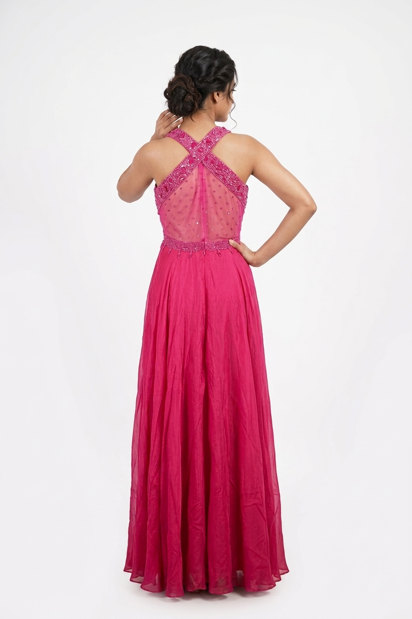 Raspberry Pink Embellished Halter Flowing Gown