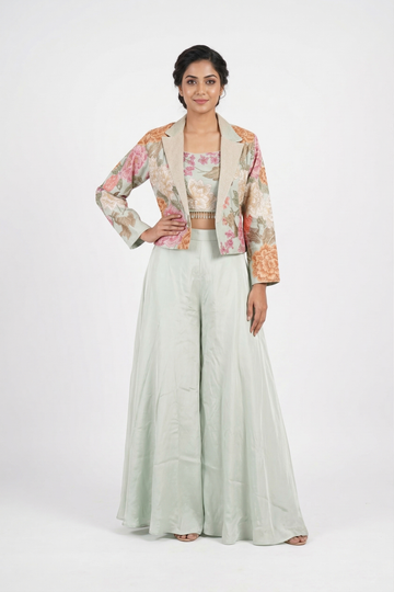 Sage Green Palazzo Set With Floral Printed Jacket & Embroidered Blouse