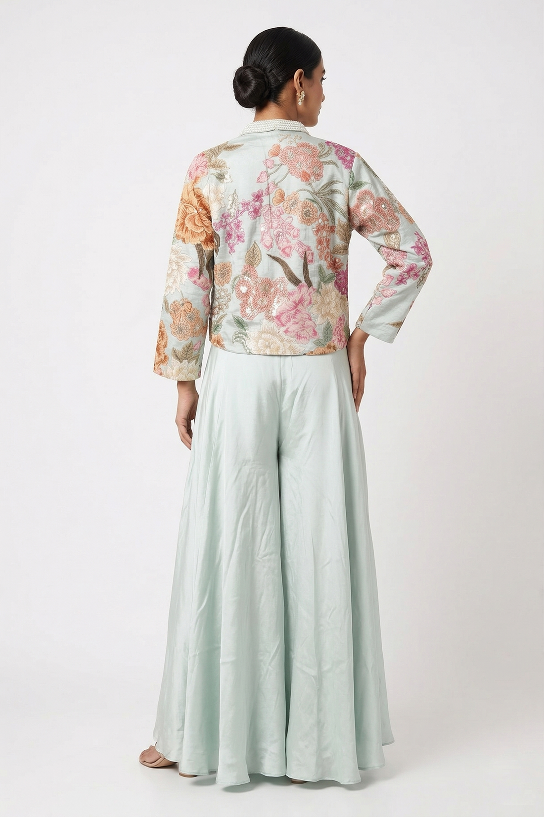Sage Green Palazzo Set With Floral Printed Jacket & Embroidered Blouse