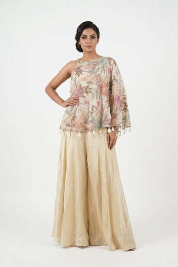 Ivory Floral Embroidered Cape Set With Flared Palazzo