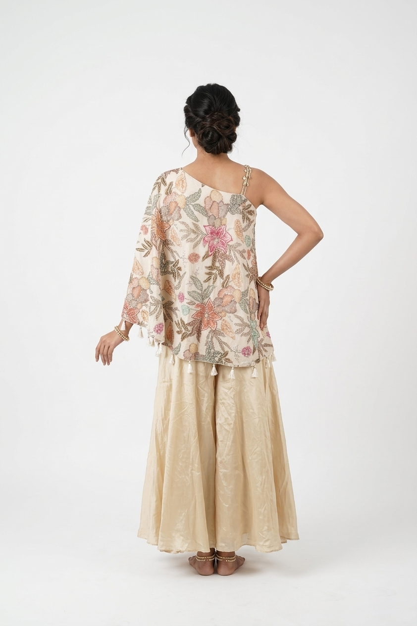 Ivory Floral Embroidered Cape Set With Flared Palazzo