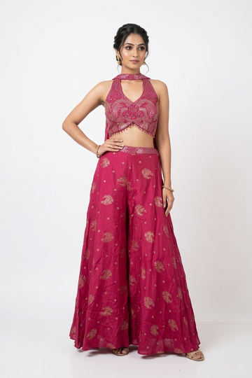 Violet Red Indo-western Lehenga Set With Embroidered Crop Top & Plazzo Skirt