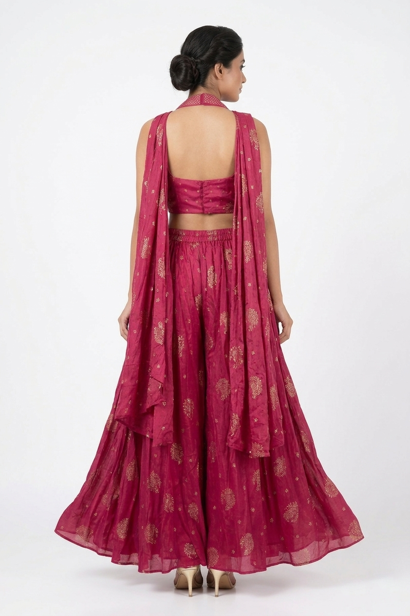 Violet Red Indo-western Lehenga Set With Embroidered Crop Top & Plazzo Skirt