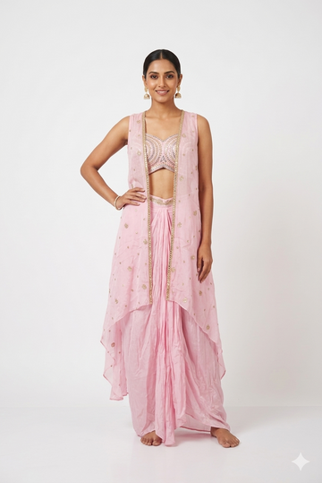 Pink Indo-western Drape Lehenga Set With Embroidered Blouse & Long Jacket