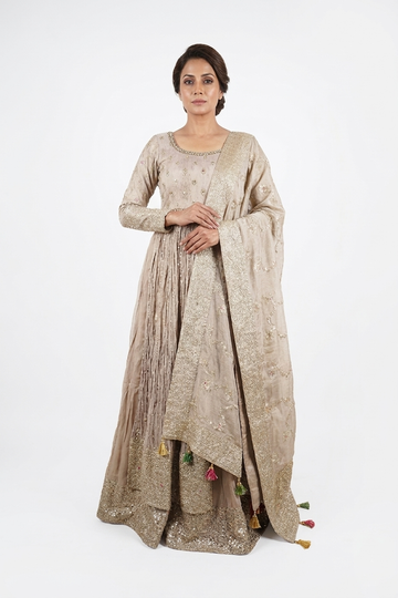 Elegant Beige Zari Embroidered Festive Suit Set