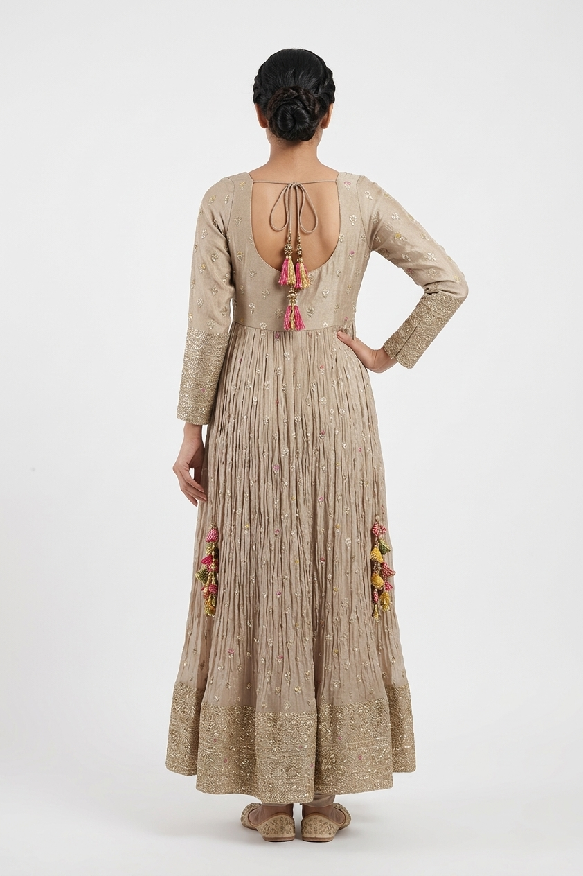 Elegant Beige Zari Embroidered Festive Suit Set