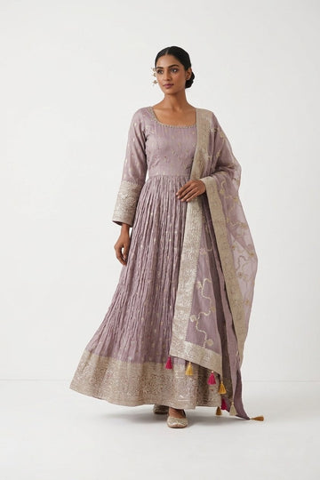 Dusty Mauve Zari Embroidered Anarkali Set With Designer Dupatta