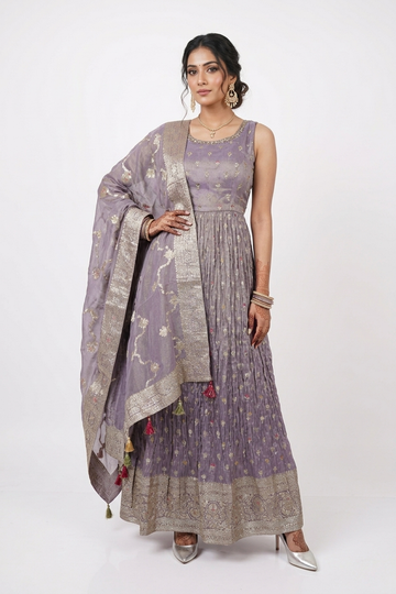 Lavender Zari Embroidered Anarkali Gown Set With Dupatta