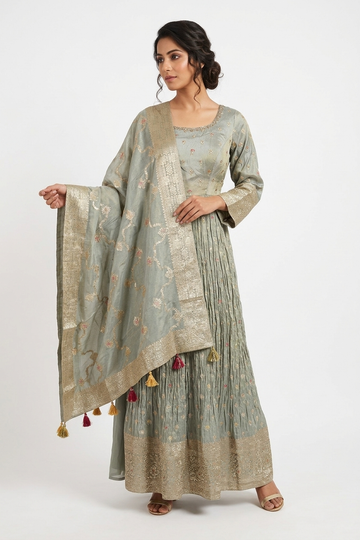 Dark Sage Green Zari Embroidered Anarkali Gown Set With Dupatta