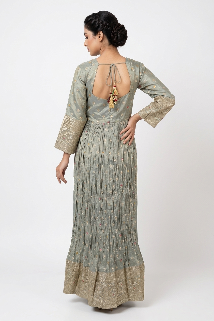 Dark Sage Green Zari Embroidered Anarkali Gown Set With Dupatta