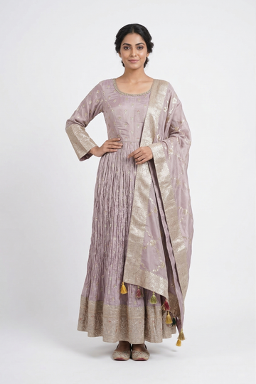 Light Lavender Zari Woven Anarkali Set With Dupatta
