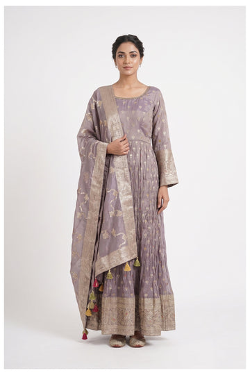Lavender Zari Woven Anarkali Set With Banarasi Dupatta