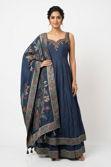 Navy Blue Anarkali Suit Set With Floral Embroidered Dupatta