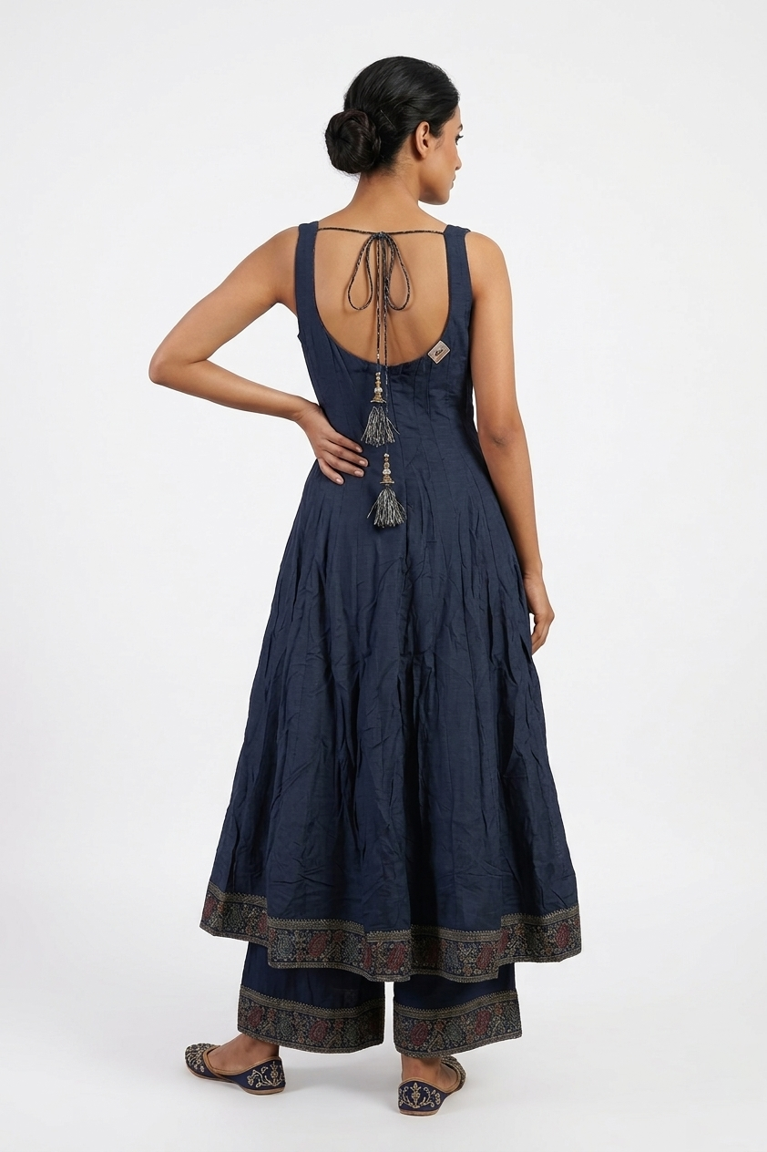 Navy Blue Anarkali Suit Set With Floral Embroidered Dupatta