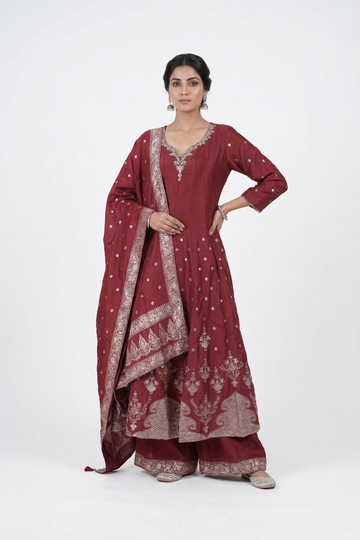 Maroon Zari Woven Anarkali Suit Set With Dupatta